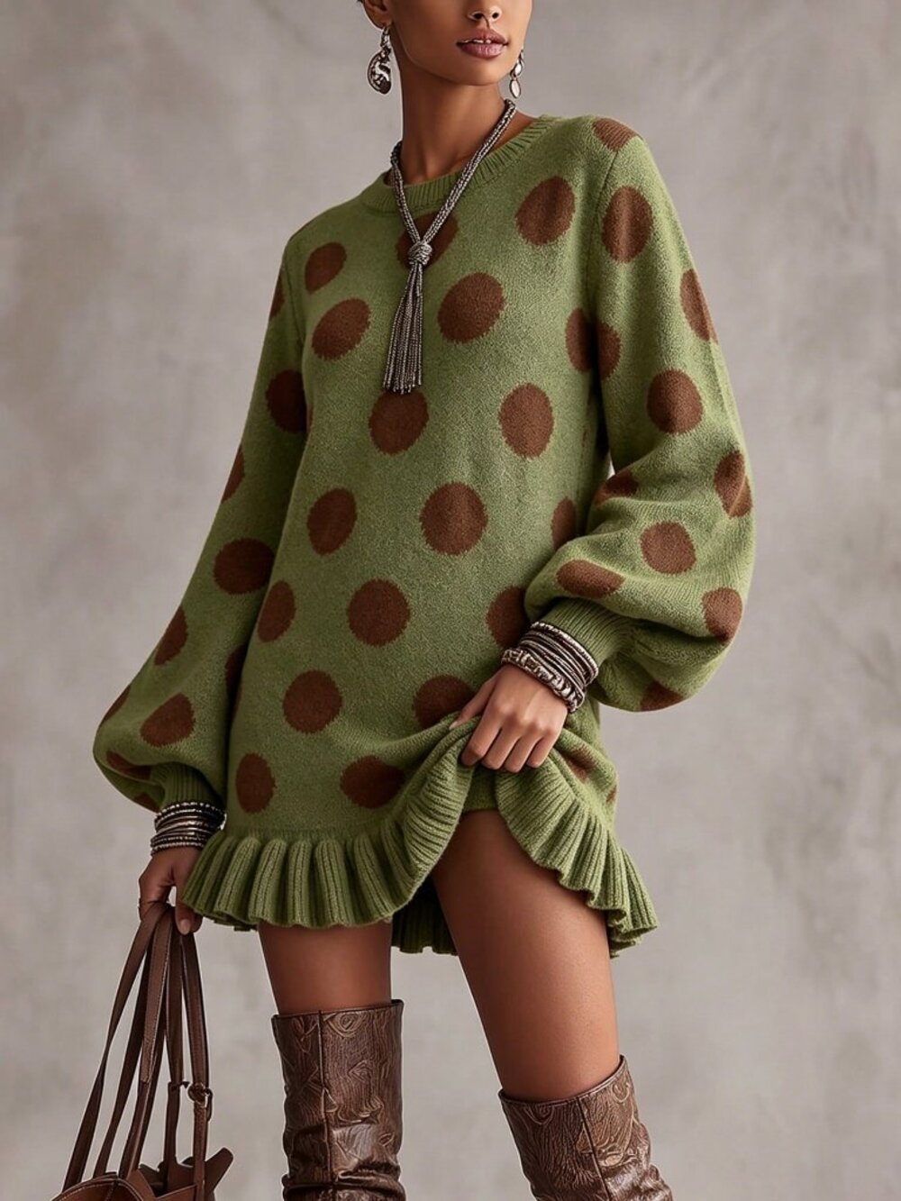 Green Casual Women's Polka-Dot Loose Fit Long Pullover Sweater dress - Picture 6 of 8